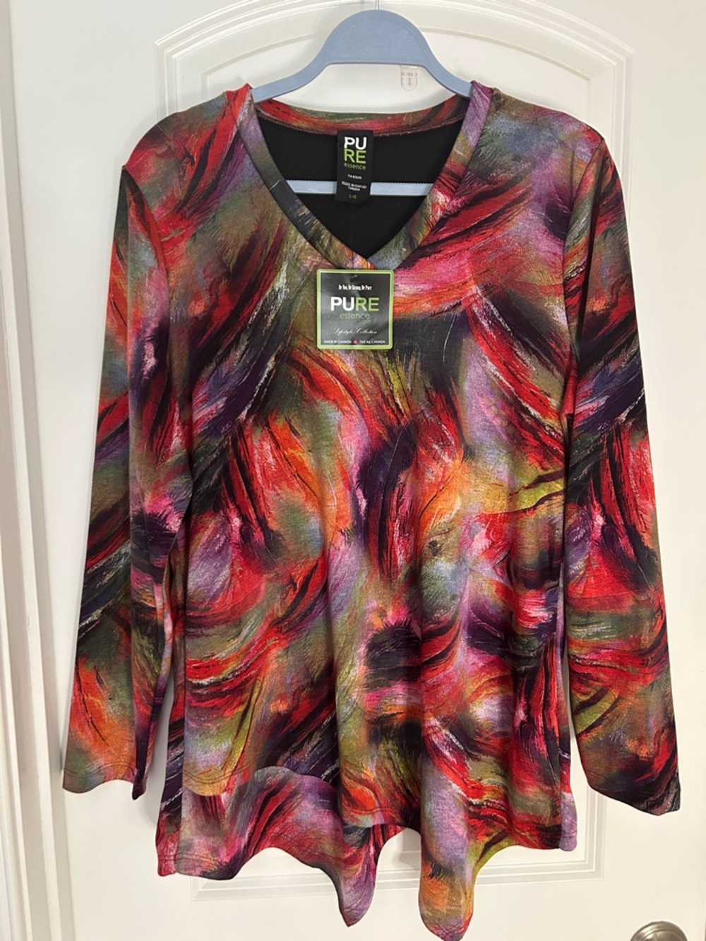 Pure Essence Women's V-Neck Long Sleeve Top in Red Multi Swirl